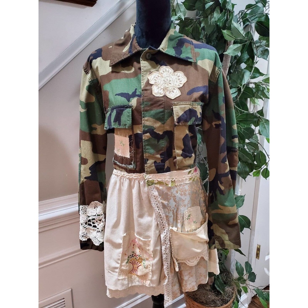 Upcycled Retro Camouflage Boho Military Jacket Urban Wear Size XL